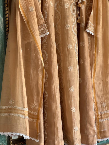 Natural Beige Shade Malmal Mukaish Kamdani Chikankari Kalidar Angarkha