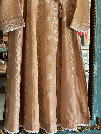 Natural Beige Shade Malmal Mukaish Kamdani Chikankari Kalidar Angarkha