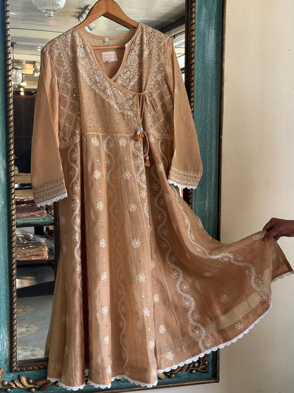 Natural Beige Shade Malmal Mukaish Kamdani Chikankari Kalidar Angarkha