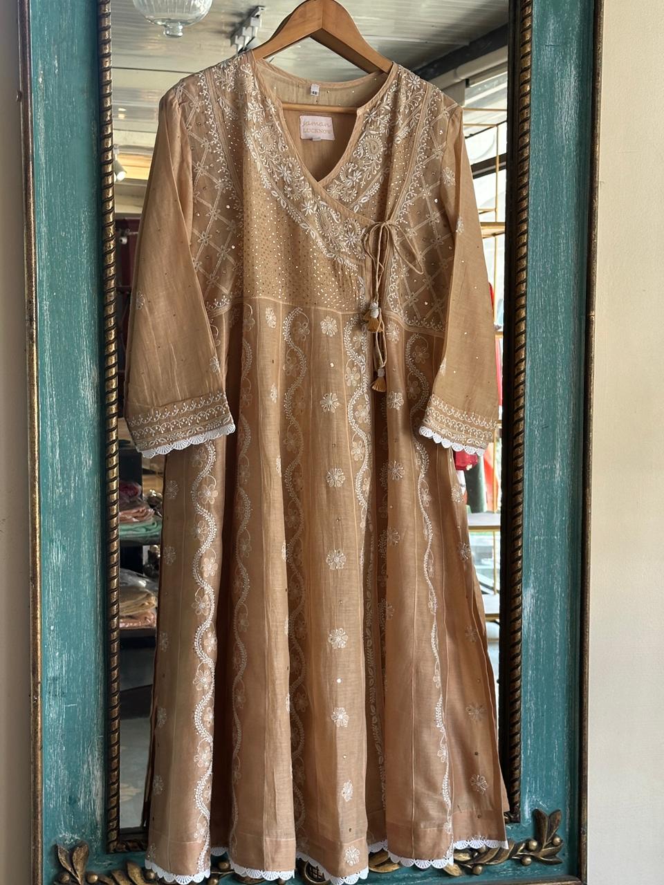 Natural Beige Shade Malmal Mukaish Kamdani Chikankari Kalidar Angarkha