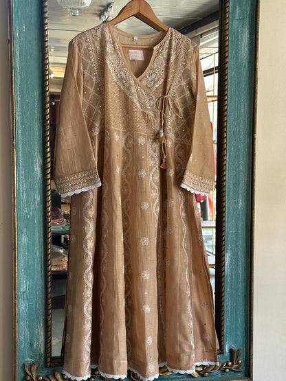 Natural Beige Shade Malmal Mukaish Kamdani Chikankari Kalidar Angarkha