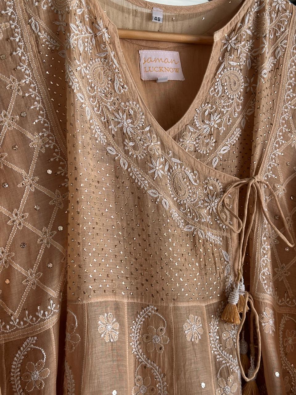 Natural Beige Shade Malmal Mukaish Kamdani Chikankari Kalidar Angarkha