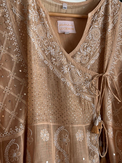 Natural Beige Shade Malmal Mukaish Kamdani Chikankari Kalidar Angarkha