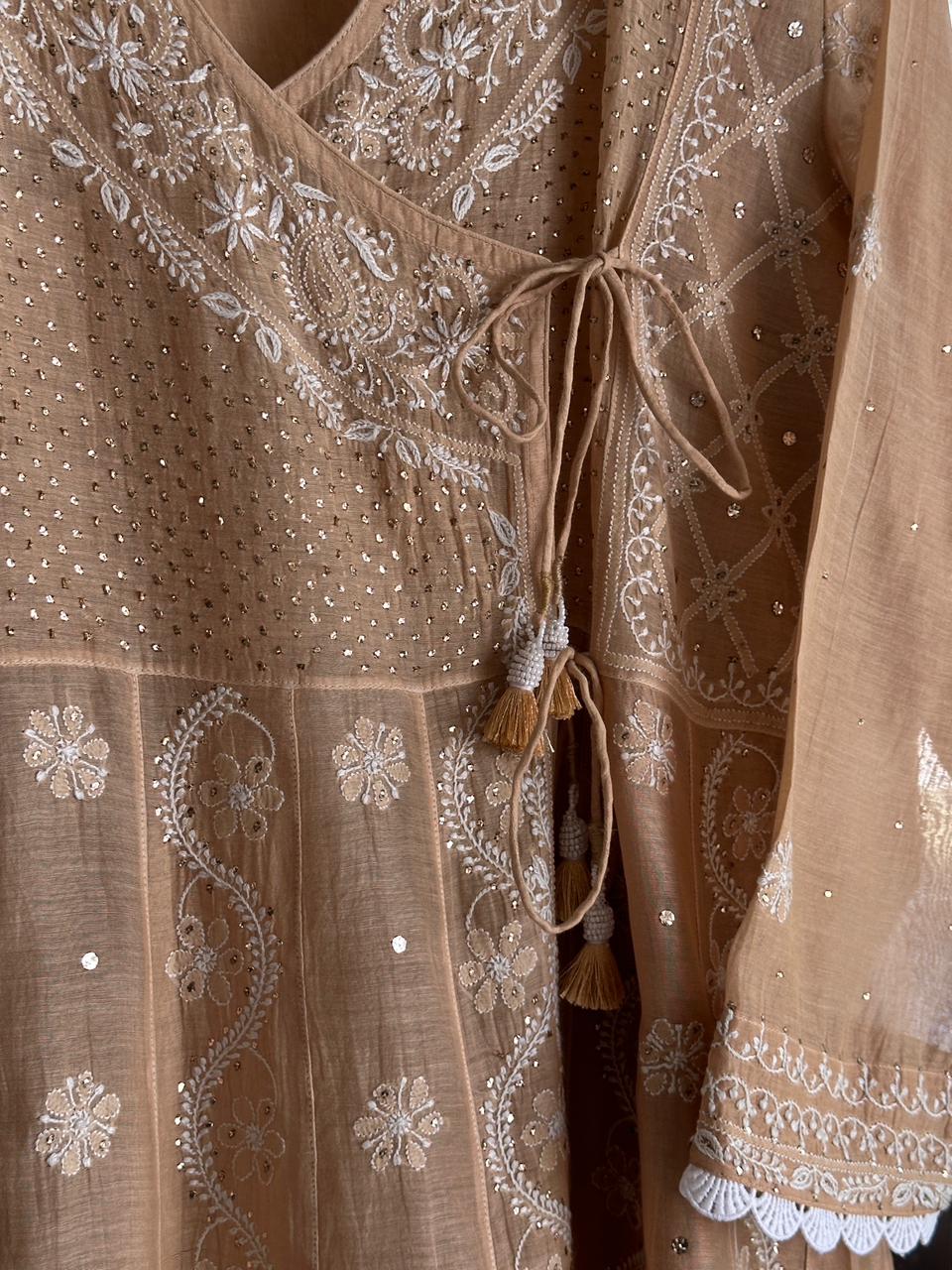 Natural Beige Shade Malmal Mukaish Kamdani Chikankari Kalidar Angarkha