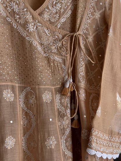 Natural Beige Shade Malmal Mukaish Kamdani Chikankari Kalidar Angarkha