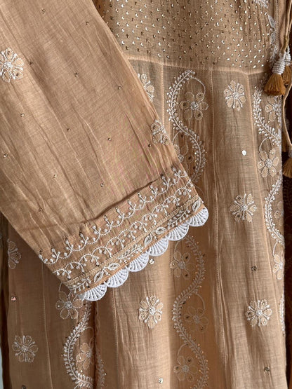 Natural Beige Shade Malmal Mukaish Kamdani Chikankari Kalidar Angarkha