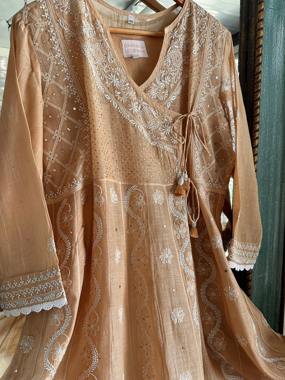 Natural Beige Shade Malmal Mukaish Kamdani Chikankari Kalidar Angarkha