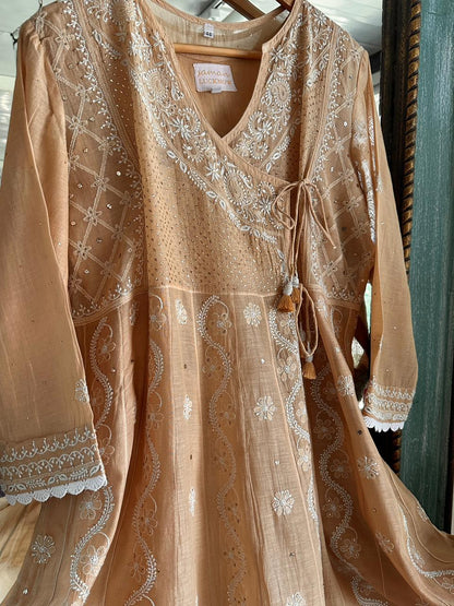 Natural Beige Shade Malmal Mukaish Kamdani Chikankari Kalidar Angarkha