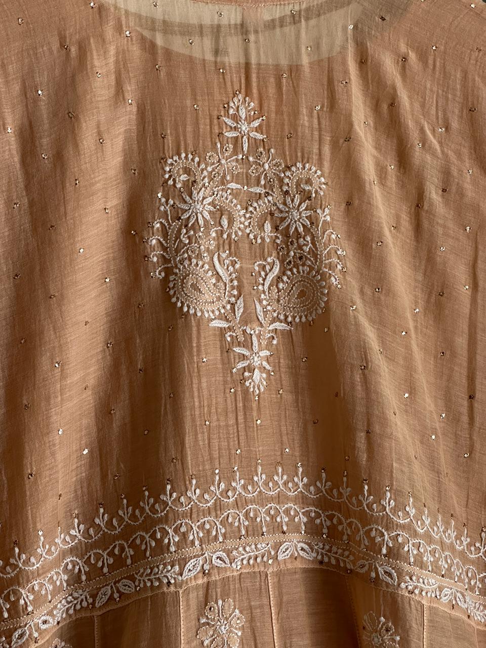 Natural Beige Shade Malmal Mukaish Kamdani Chikankari Kalidar Angarkha