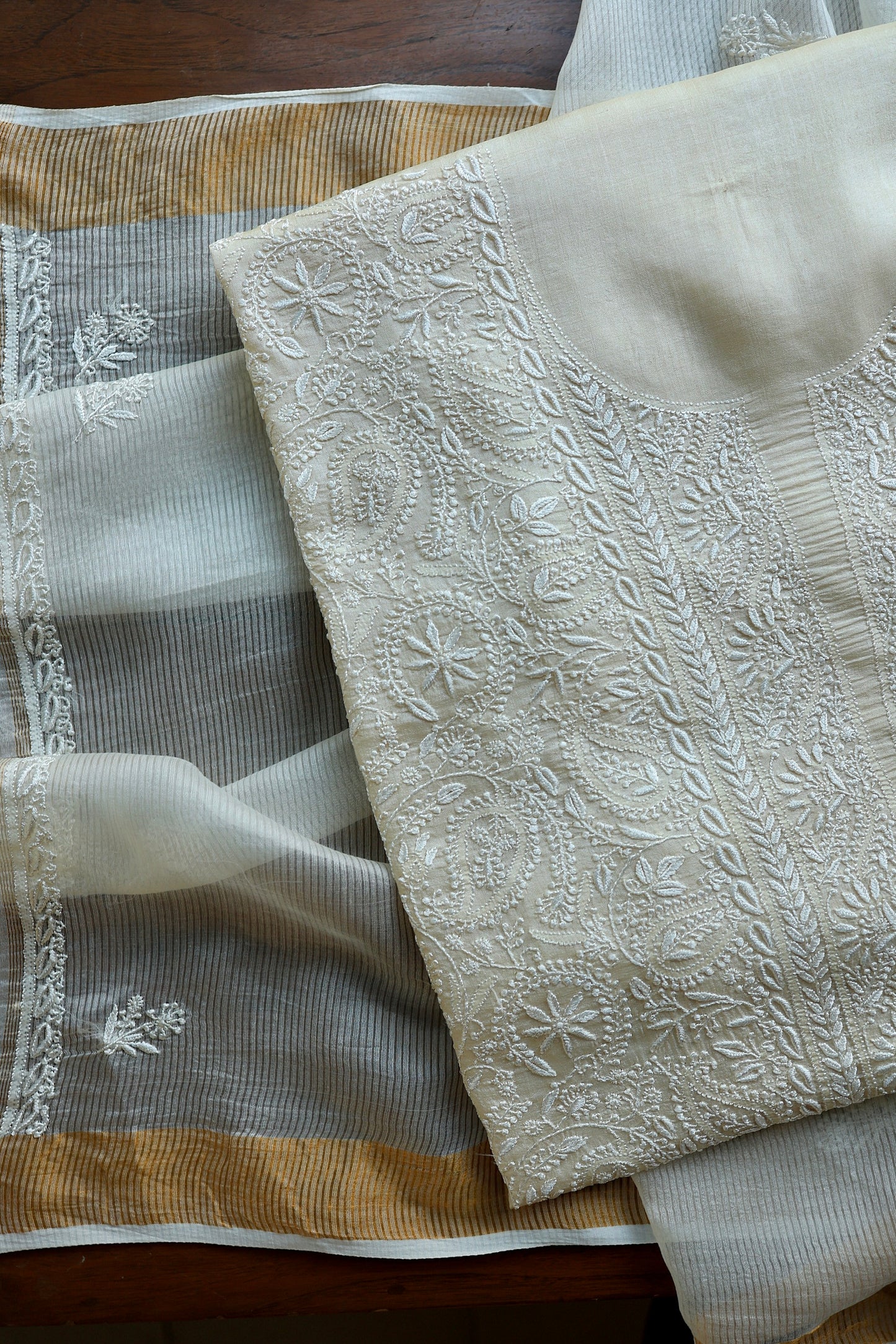 Natural Beige Shade Paper Tussar Resham Chikankari Unstitched Kurta Dupatta Set