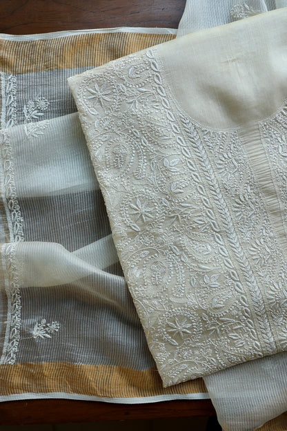 Natural Beige Shade Paper Tussar Resham Chikankari Unstitched Kurta Dupatta Set