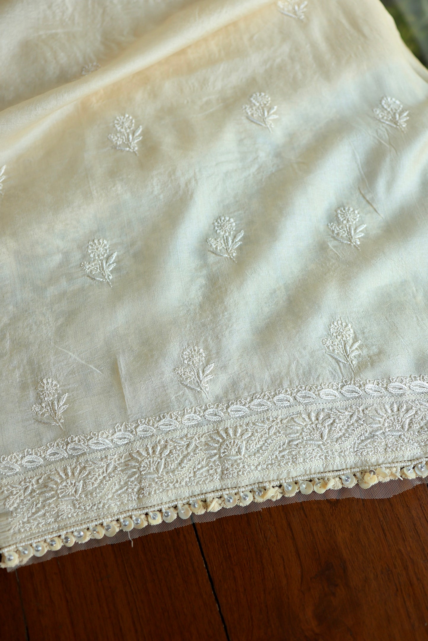 Natural Beige Shade Paper Tussar Resham Chikankari Unstitched Kurta Dupatta Set