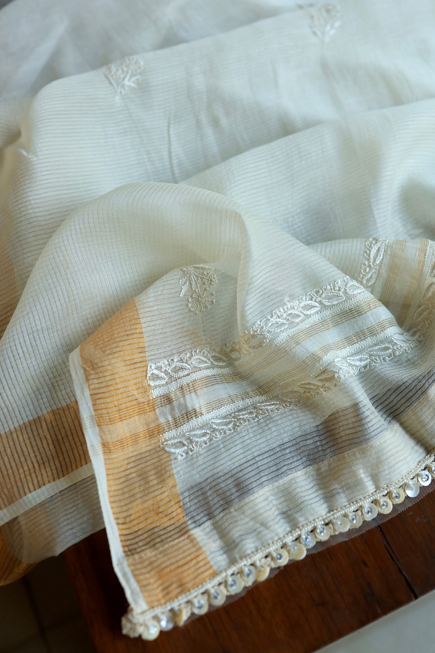 Natural Beige Shade Paper Tussar Resham Chikankari Unstitched Kurta Dupatta Set