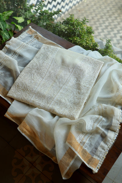 Natural Beige Shade Paper Tussar Resham Chikankari Unstitched Kurta Dupatta Set