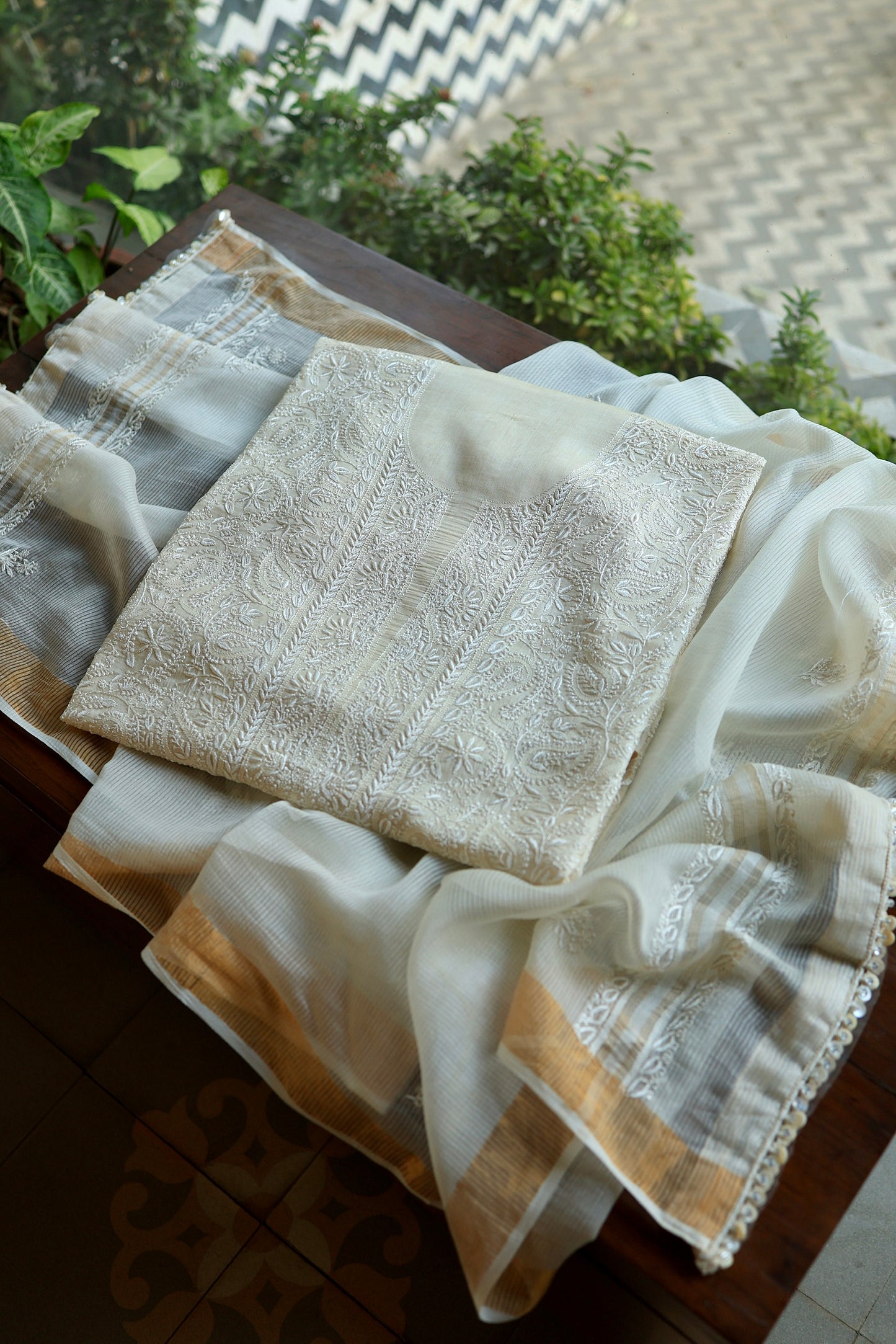 Natural Beige Shade Paper Tussar Resham Chikankari Unstitched Kurta Dupatta Set