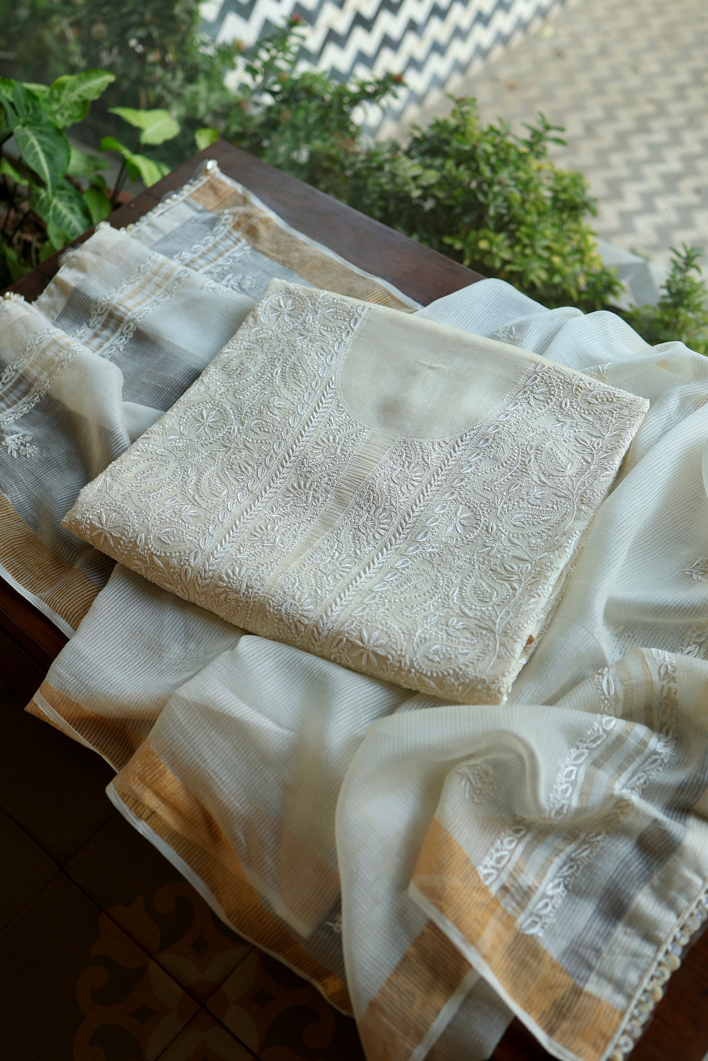 Natural Beige Shade Paper Tussar Resham Chikankari Unstitched Kurta Dupatta Set