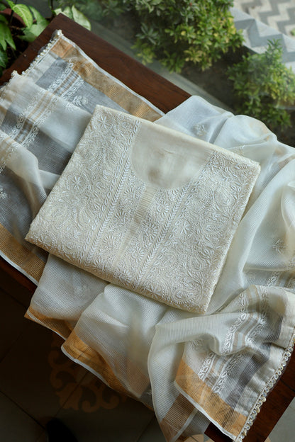 Natural Beige Shade Paper Tussar Resham Chikankari Unstitched Kurta Dupatta Set