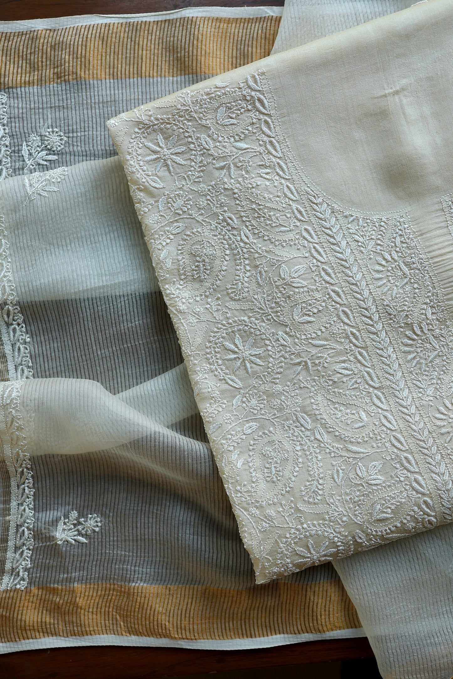 Natural Beige Shade Paper Tussar Resham Chikankari Unstitched Kurta Dupatta Set