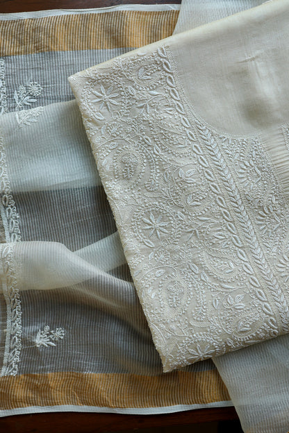 Natural Beige Shade Paper Tussar Resham Chikankari Unstitched Kurta Dupatta Set