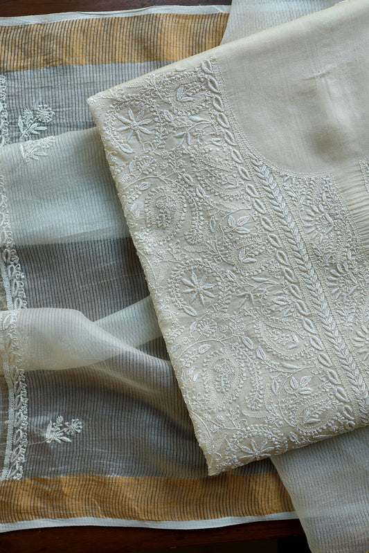 Natural Beige Shade Paper Tussar Resham Chikankari Unstitched Kurta Dupatta Set