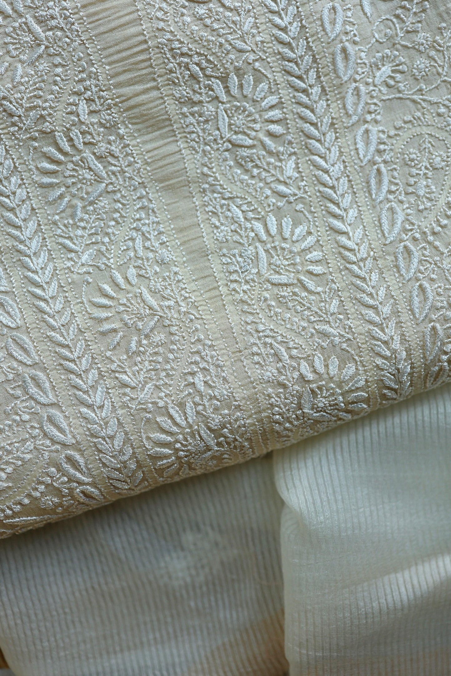 Natural Beige Shade Paper Tussar Resham Chikankari Unstitched Kurta Dupatta Set