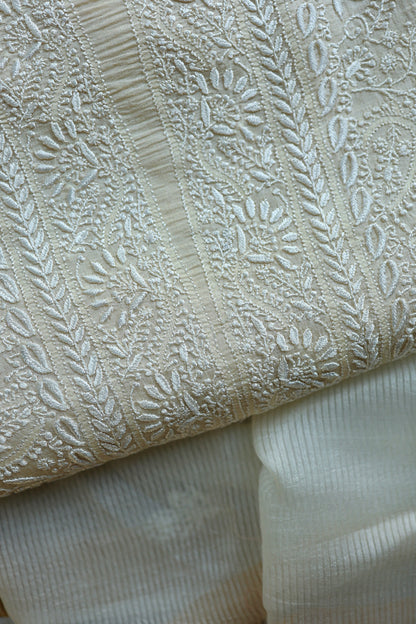 Natural Beige Shade Paper Tussar Resham Chikankari Unstitched Kurta Dupatta Set