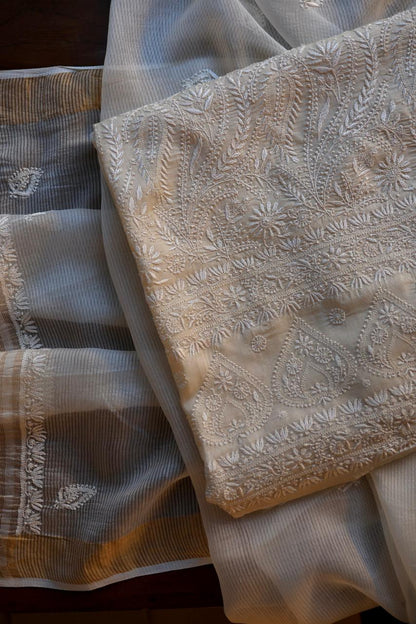 Natural Beige Shade Paper Tussar Resham Chikankari Unstitched Kurta Dupatta Set