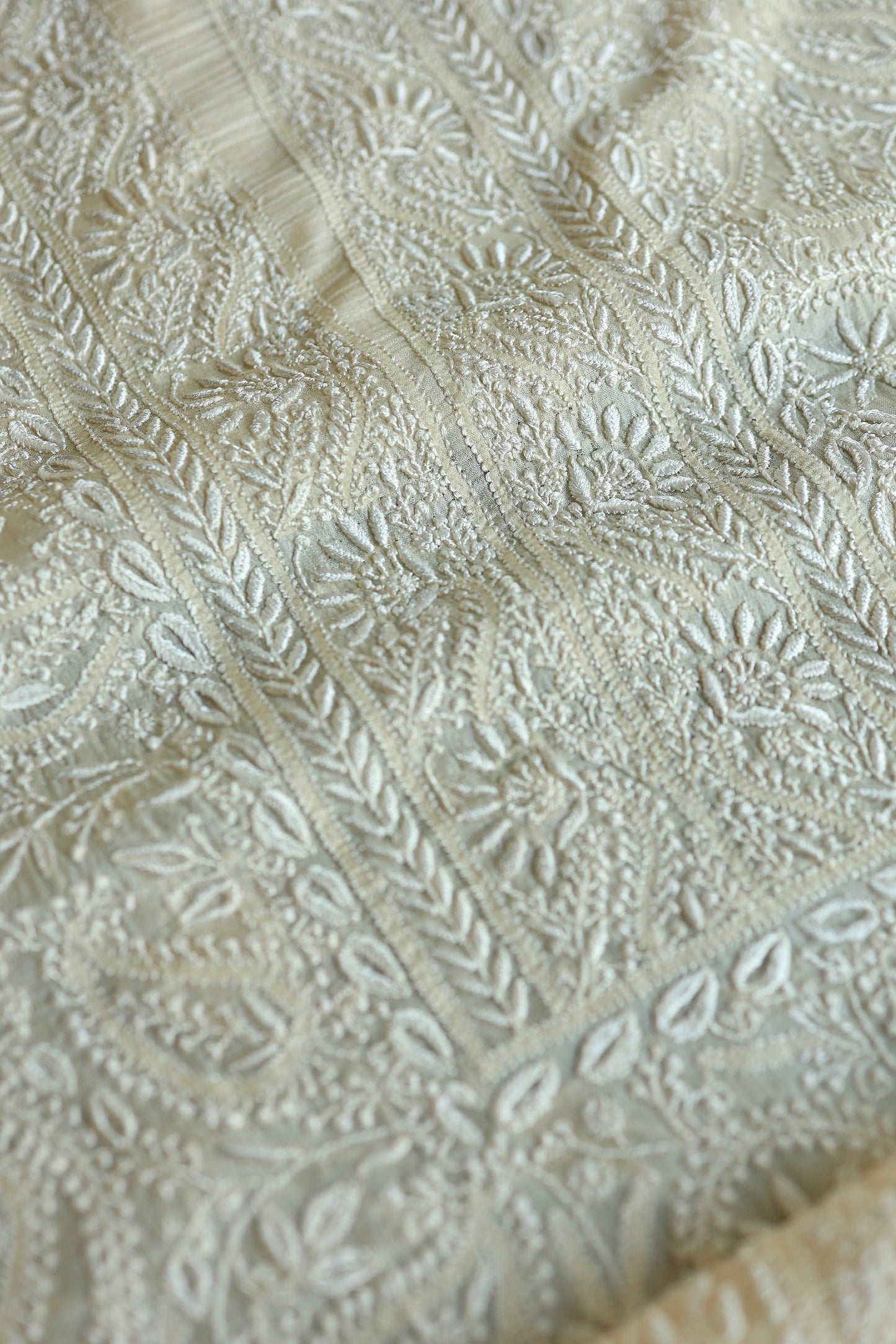 Natural Beige Shade Paper Tussar Resham Chikankari Unstitched Kurta Dupatta Set