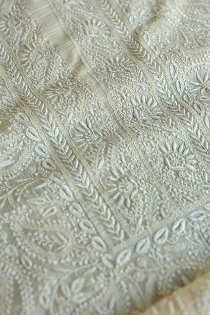 Natural Beige Shade Paper Tussar Resham Chikankari Unstitched Kurta Dupatta Set