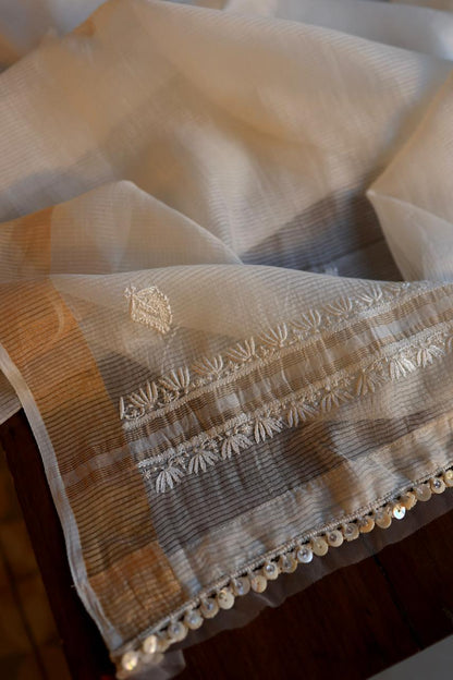 Natural Beige Shade Paper Tussar Resham Chikankari Unstitched Kurta Dupatta Set