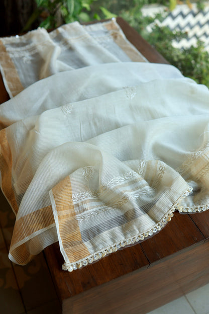 Natural Beige Shade Paper Tussar Resham Chikankari Unstitched Kurta Dupatta Set