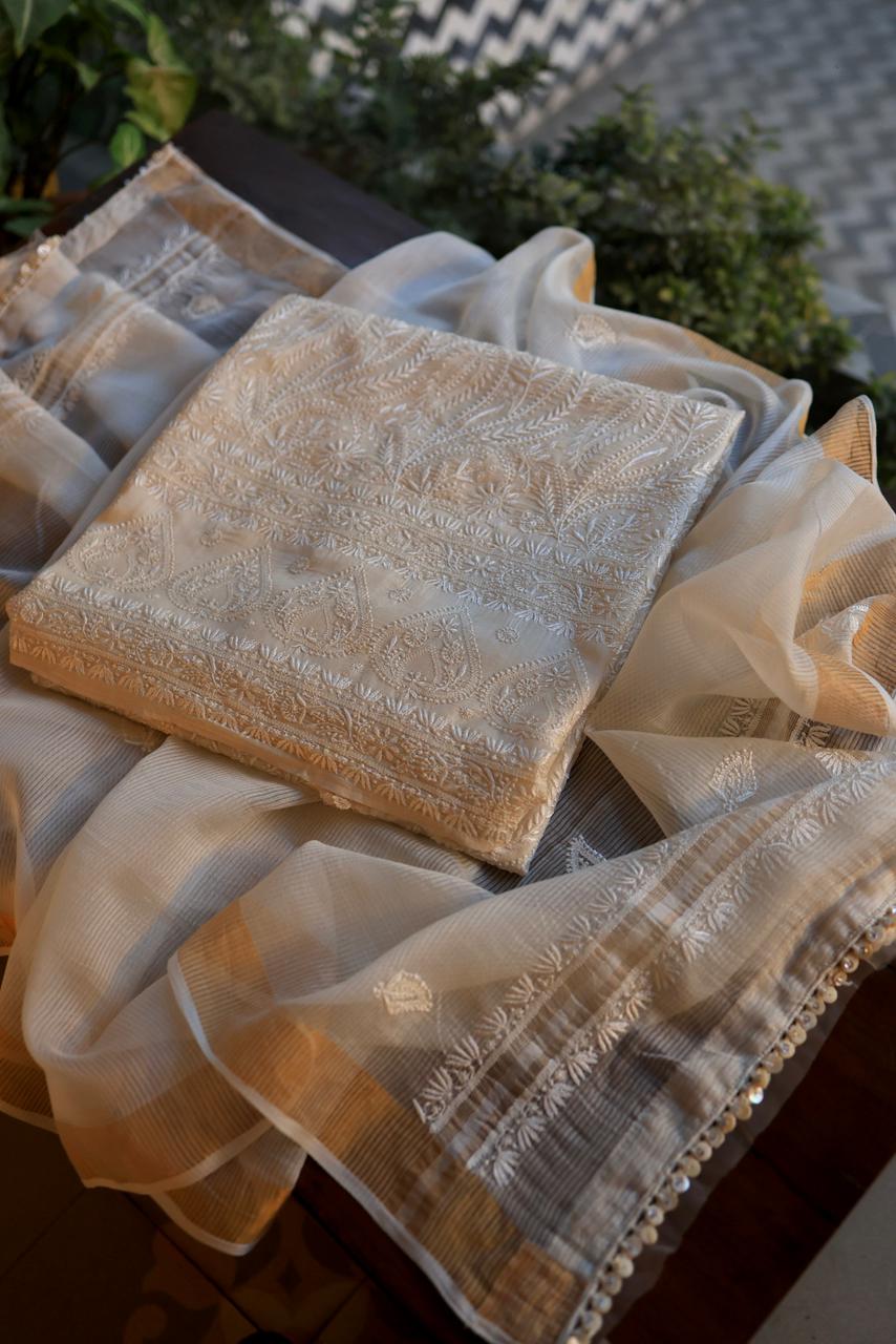 Natural Beige Shade Paper Tussar Resham Chikankari Unstitched Kurta Dupatta Set
