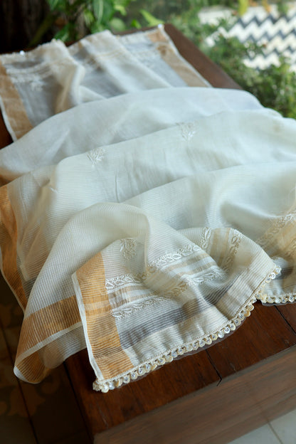 Natural Beige Shade Paper Tussar Resham Chikankari Unstitched Kurta Dupatta Set