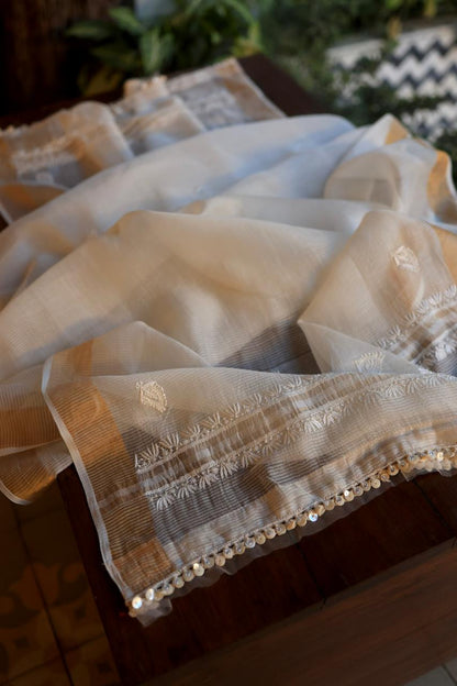 Natural Beige Shade Paper Tussar Resham Chikankari Unstitched Kurta Dupatta Set