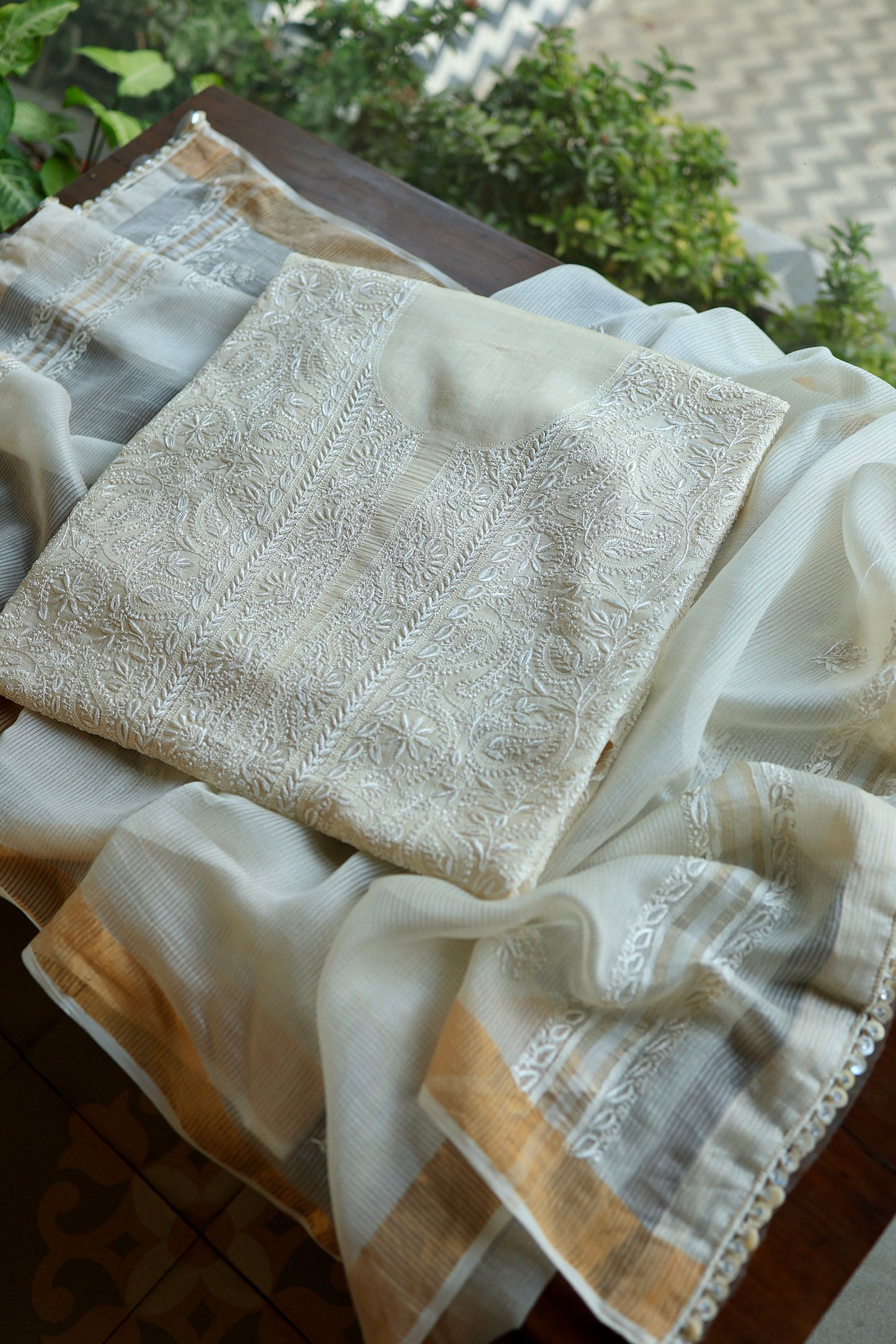 Natural Beige Shade Paper Tussar Resham Chikankari Unstitched Kurta Dupatta Set