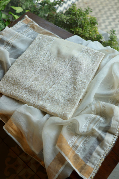 Natural Beige Shade Paper Tussar Resham Chikankari Unstitched Kurta Dupatta Set