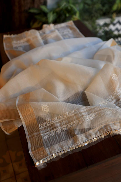 Natural Beige Shade Paper Tussar Resham Chikankari Unstitched Kurta Dupatta Set