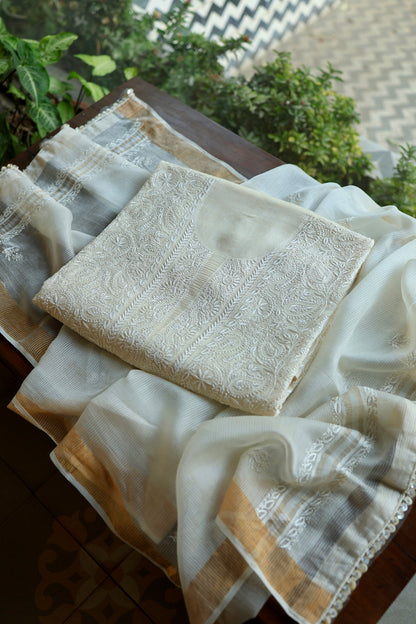 Natural Beige Shade Paper Tussar Resham Chikankari Unstitched Kurta Dupatta Set