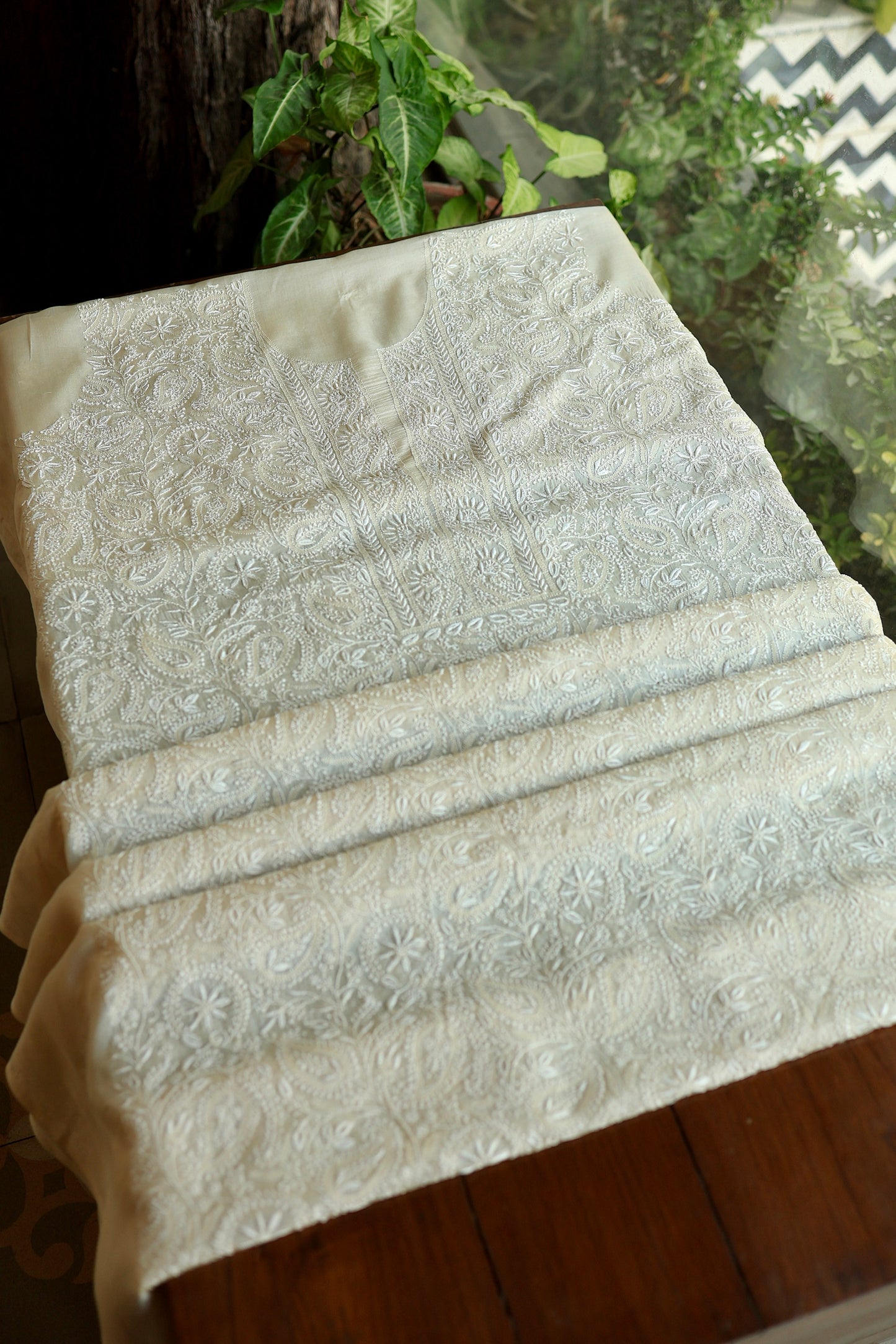 Natural Beige Shade Paper Tussar Resham Chikankari Unstitched Kurta Dupatta Set