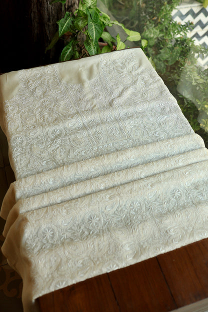 Natural Beige Shade Paper Tussar Resham Chikankari Unstitched Kurta Dupatta Set