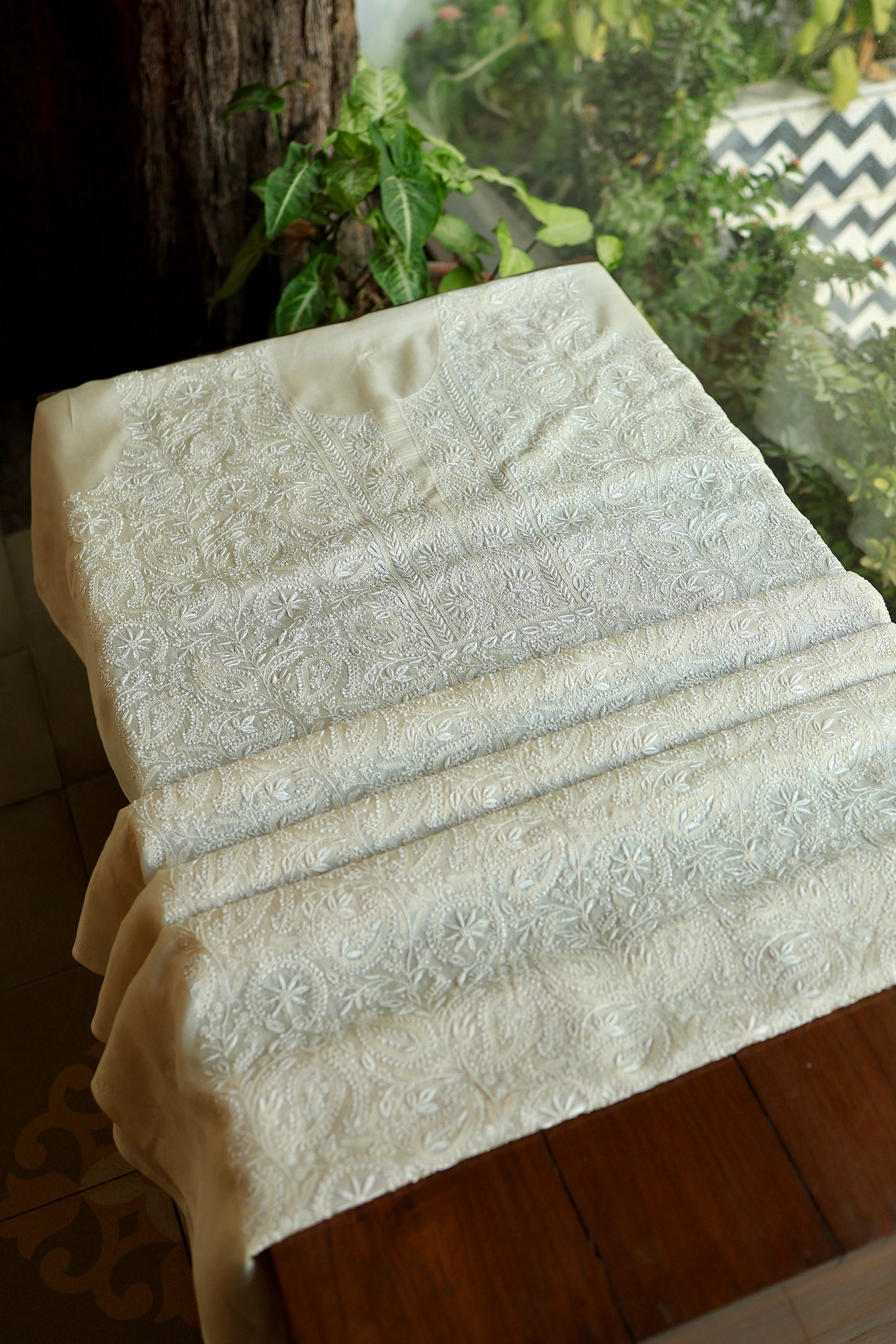 Natural Beige Shade Paper Tussar Resham Chikankari Unstitched Kurta Dupatta Set