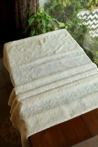 Natural Beige Shade Paper Tussar Resham Chikankari Unstitched Kurta Dupatta Set