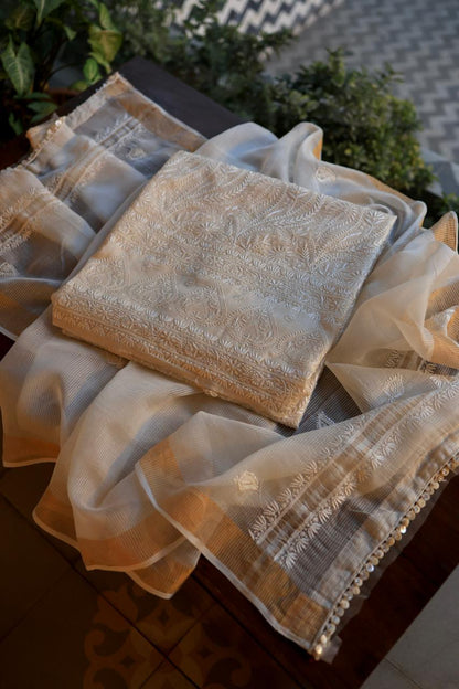 Natural Beige Shade Paper Tussar Resham Chikankari Unstitched Kurta Dupatta Set