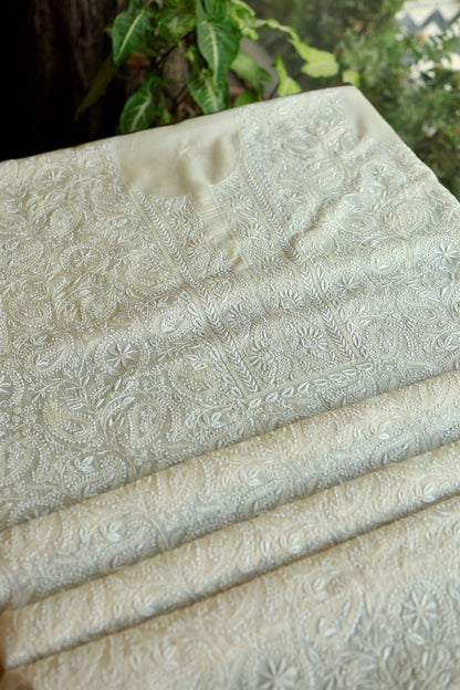 Natural Beige Shade Paper Tussar Resham Chikankari Unstitched Kurta Dupatta Set