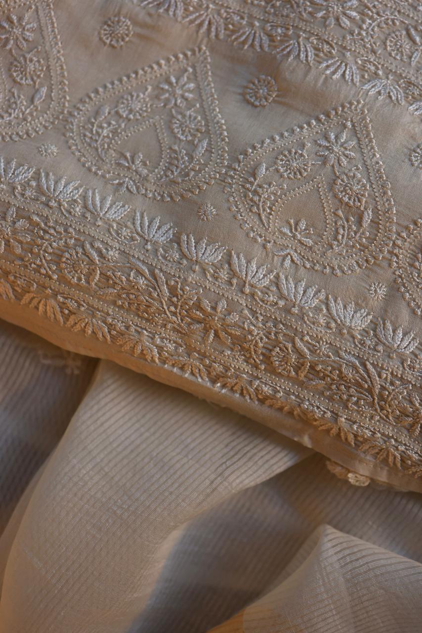 Natural Beige Shade Paper Tussar Resham Chikankari Unstitched Kurta Dupatta Set