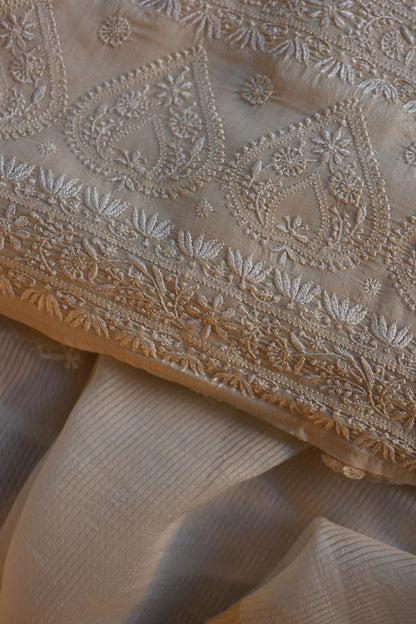 Natural Beige Shade Paper Tussar Resham Chikankari Unstitched Kurta Dupatta Set