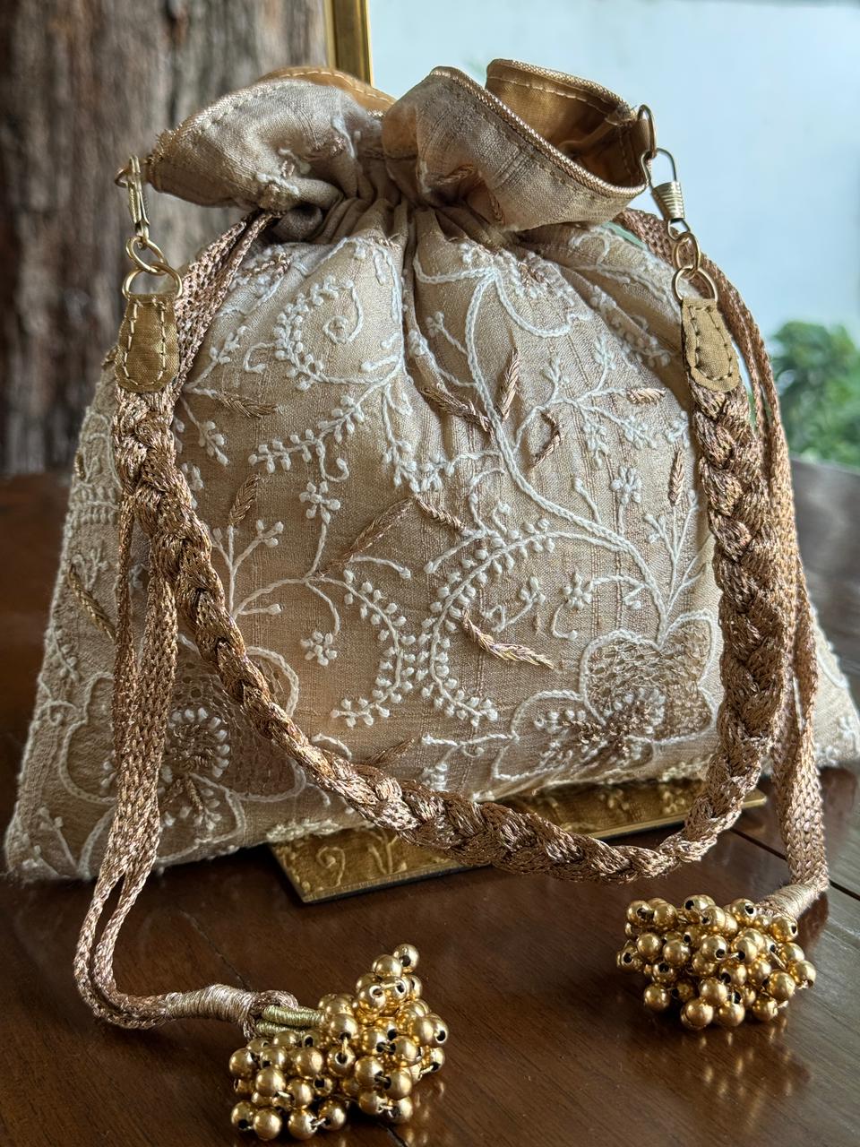 Natural Beige Shade Raw Silk Chikankari Polti Bag