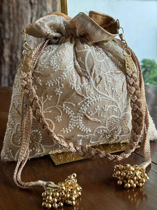 Natural Beige Shade Raw Silk Chikankari Polti Bag