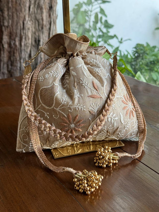 Natural Beige Shade Raw Silk Chikankari Polti Bag
