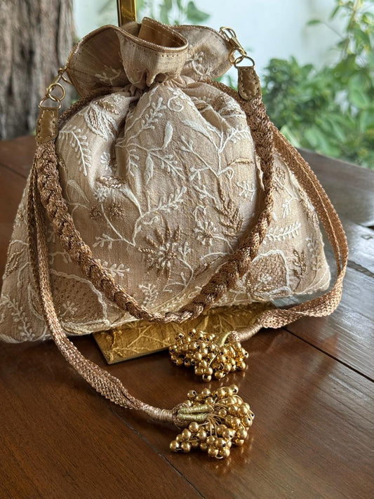 Natural Beige Shade Raw Silk Chikankari Polti Bag